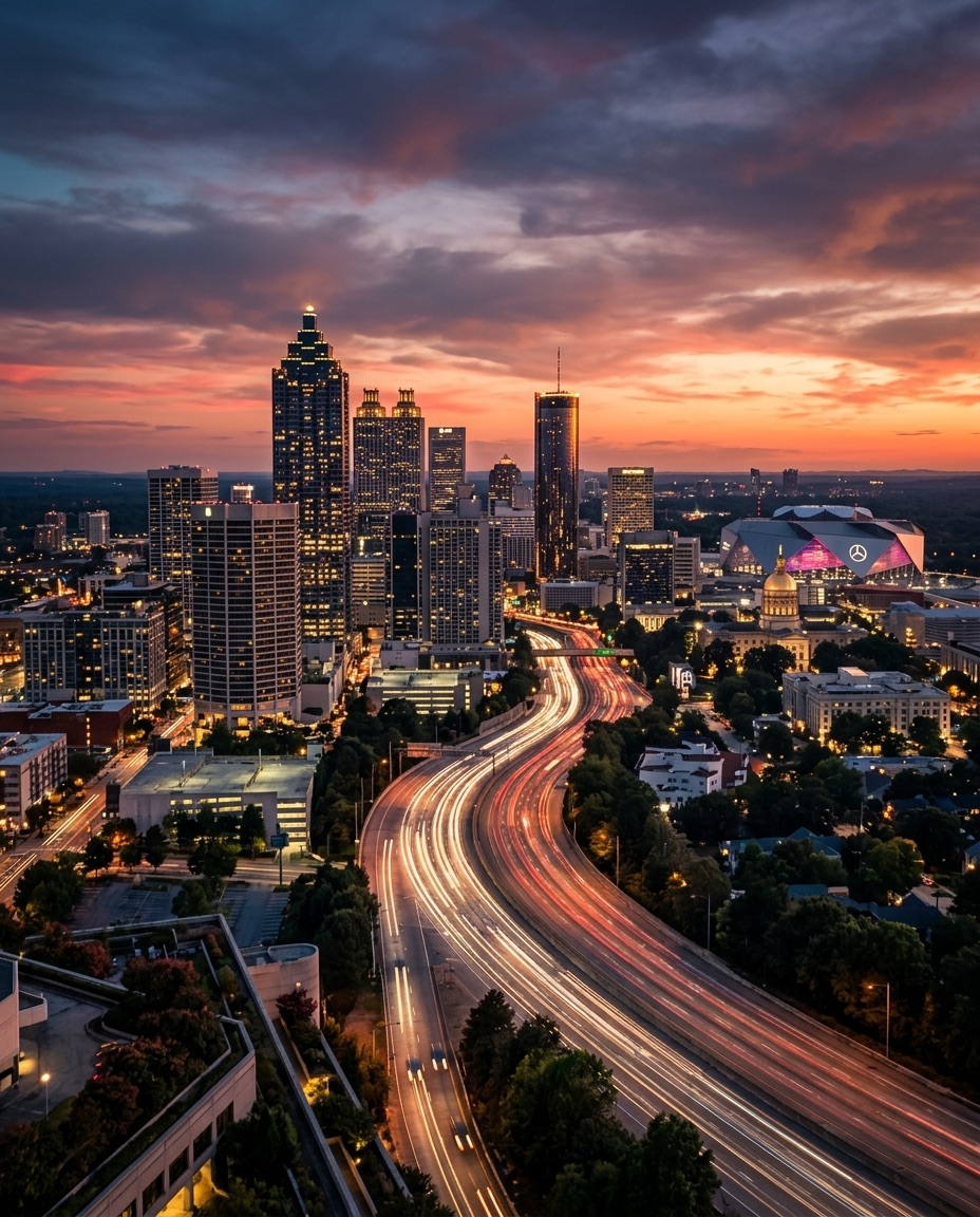 The Atlanta, Georgia skyline at sunset, with downtown towers, the stadium, and light-trailed highways.
