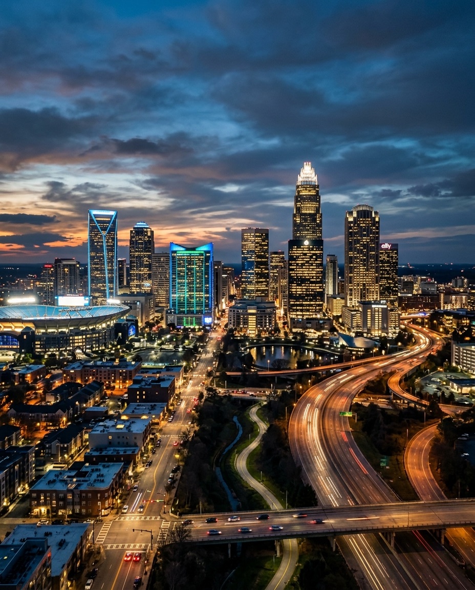 The Charlotte, North Carolina skyline at dusk, with illuminated downtown towers and light-trailed highways.