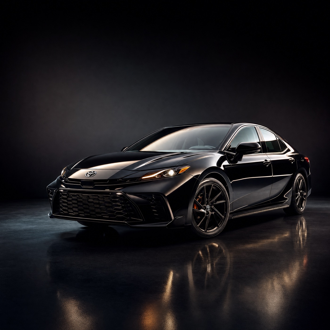 A black sedan photographed in a dark studio.