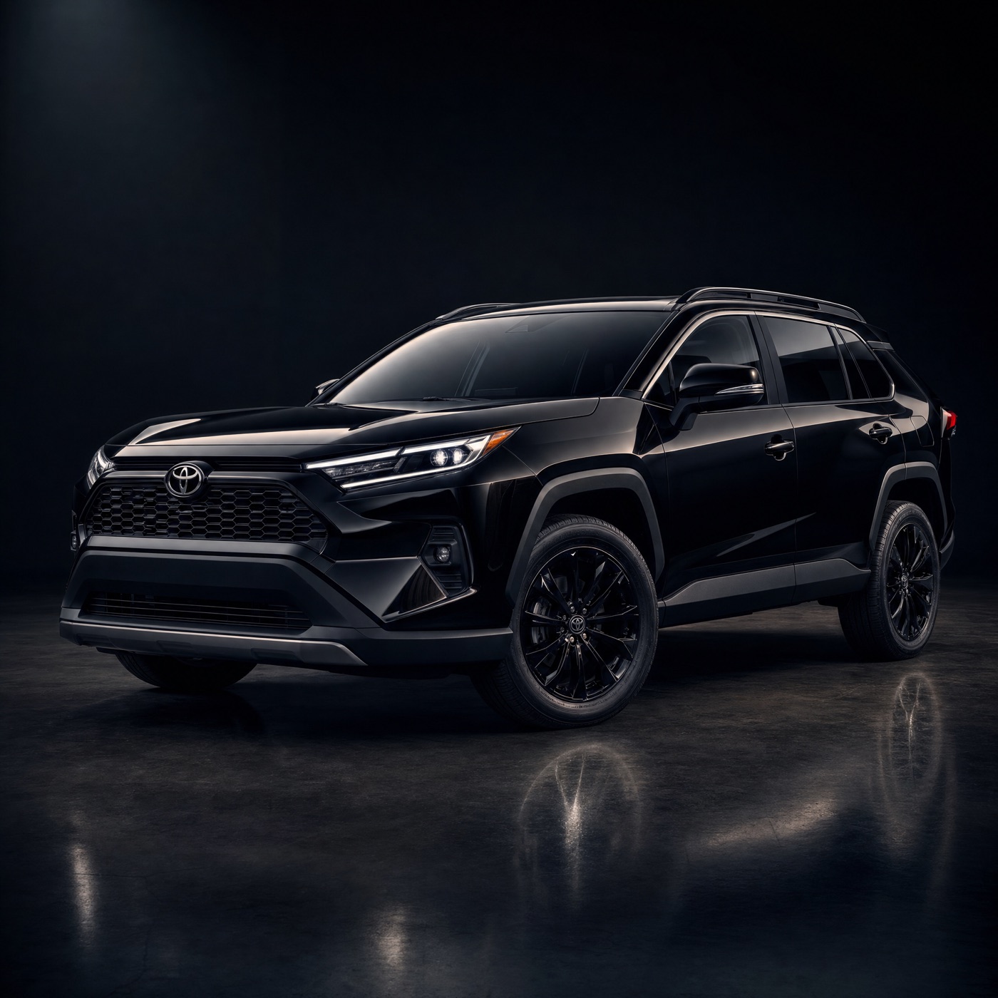 A black SUV photographed in a dark studio.